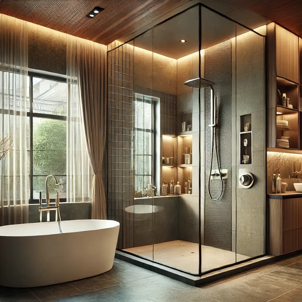 A modern and luxurious bathroom featuring a custom-designed walk-in shower and a deep soaking tub. The shower has a sleek glass enclosure with a rainf.webp